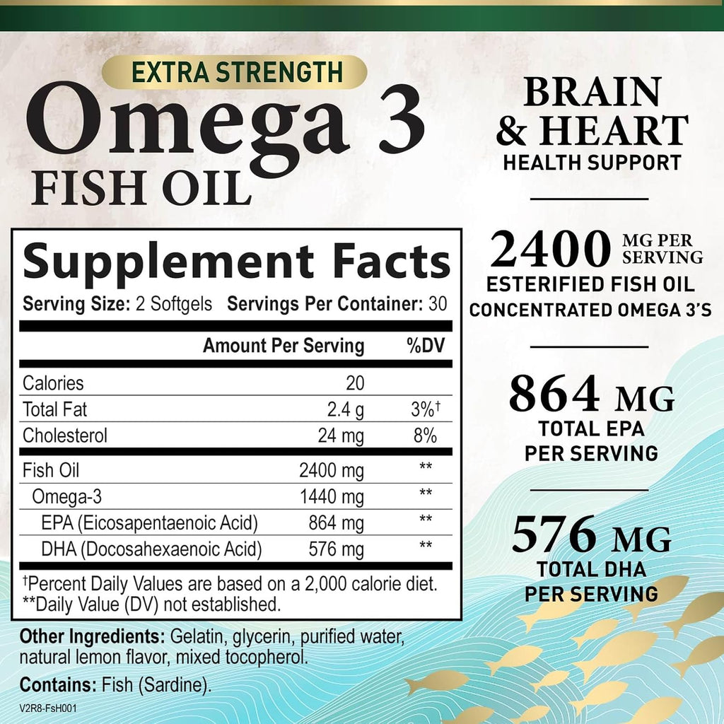 Omega-3 Fish Oil Supplements – Triple Strength, 2400mg, EPA & DHA, 60 Softgels