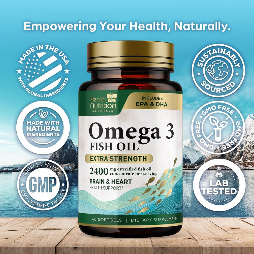 Omega-3 Fish Oil Supplements – Triple Strength, 2400mg, EPA & DHA, 60 Softgels