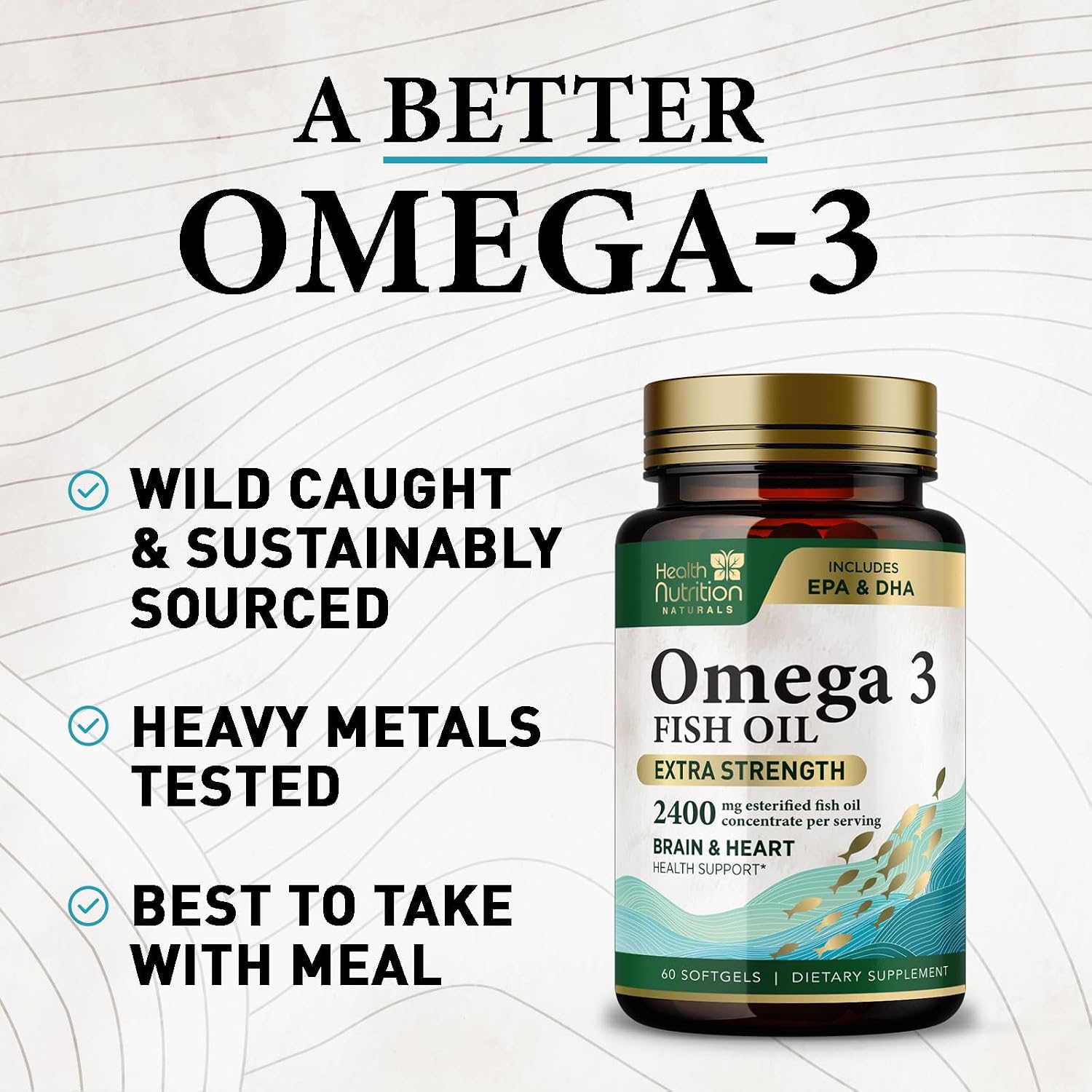Omega-3 Fish Oil Supplements – Triple Strength, 2400mg, EPA & DHA, 60 Softgels