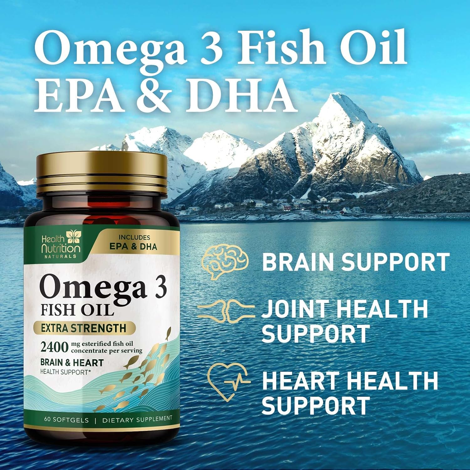 Omega-3 Fish Oil Supplements – Triple Strength, 2400mg, EPA & DHA, 60 Softgels