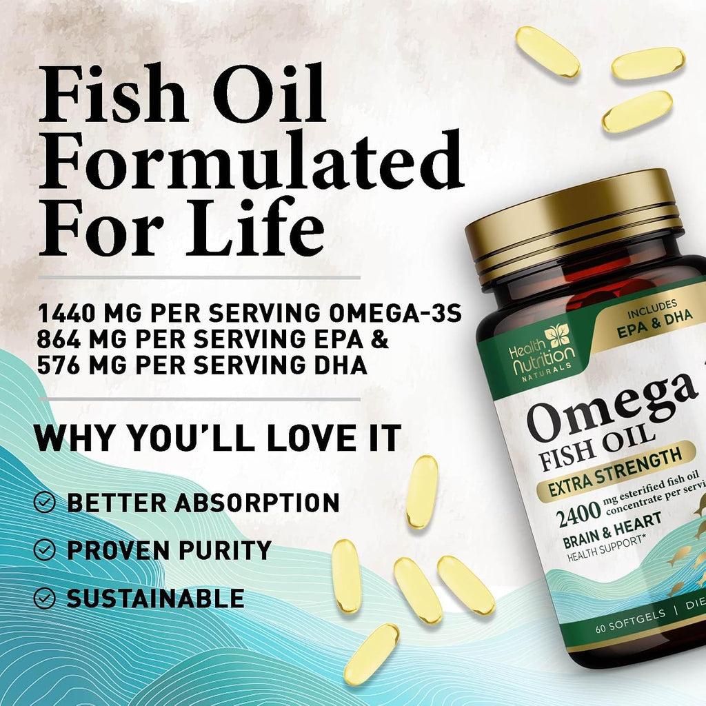 Omega-3 Fish Oil Supplements – Triple Strength, 2400mg, EPA & DHA, 60 Softgels