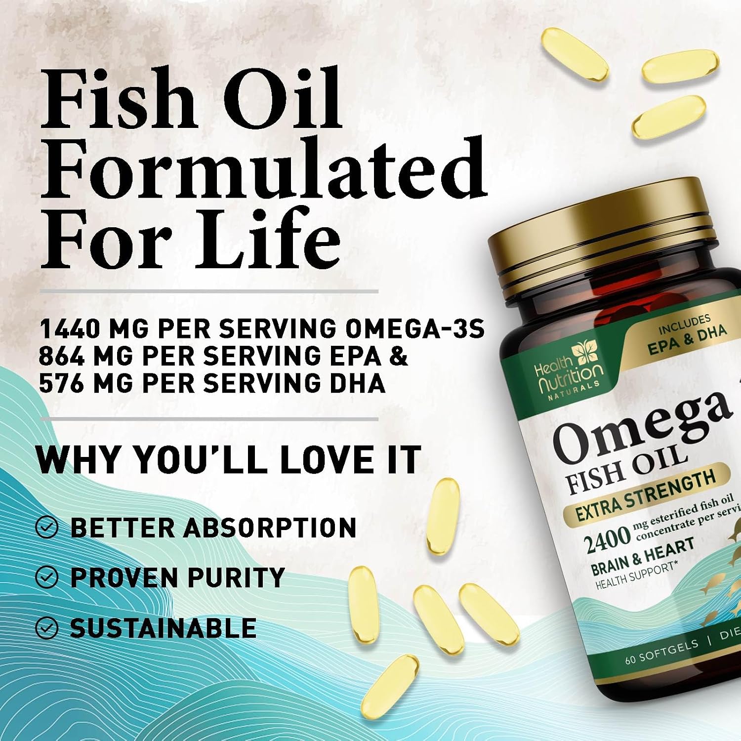 Omega-3 Fish Oil Supplements – Triple Strength, 2400mg, EPA & DHA, 60 Softgels