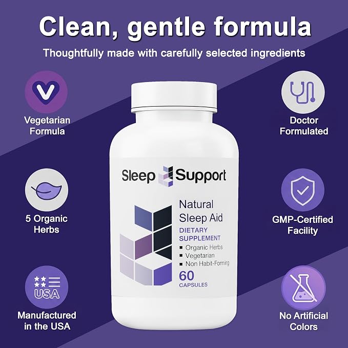 Sleep Support for Adults – Organic Herbs, Melatonin, 60 Vegetarian Capsules