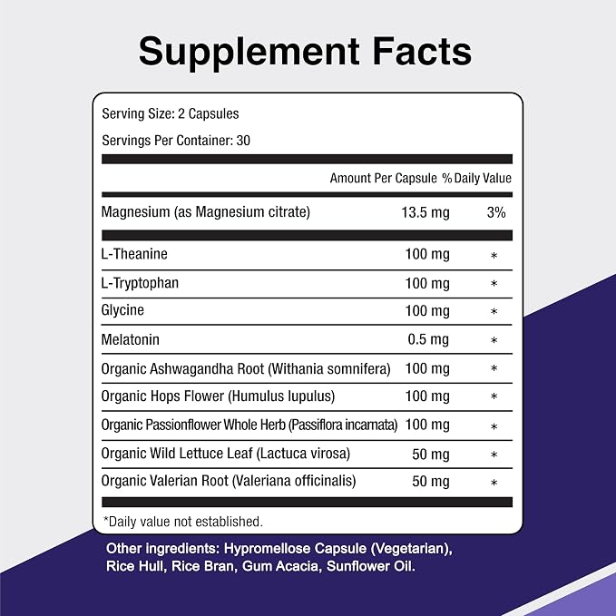 Sleep Support for Adults – Organic Herbs, Melatonin, 60 Vegetarian Capsules