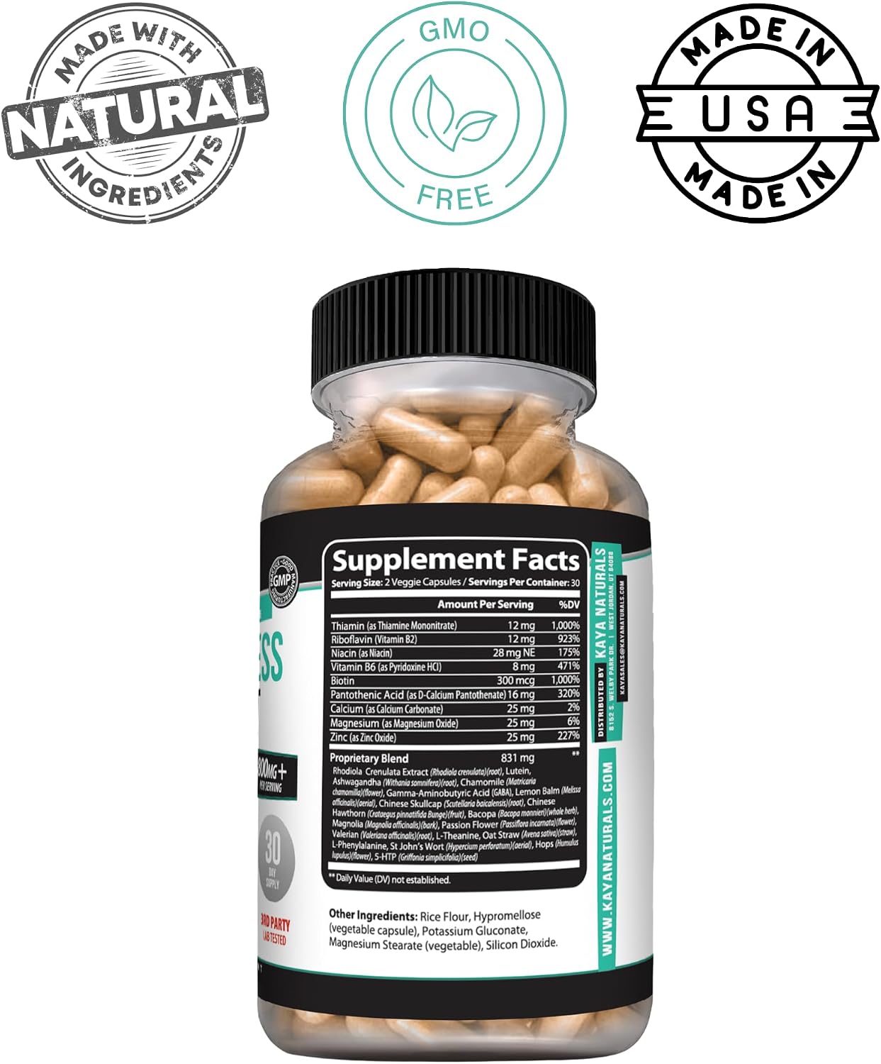 Kaya Naturals Daily Stress Support – Ashwagandha & GABA, 60 Capsules