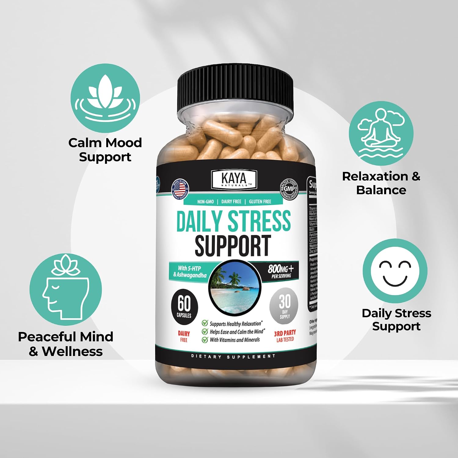 Kaya Naturals Daily Stress Support – Ashwagandha & GABA, 60 Capsules
