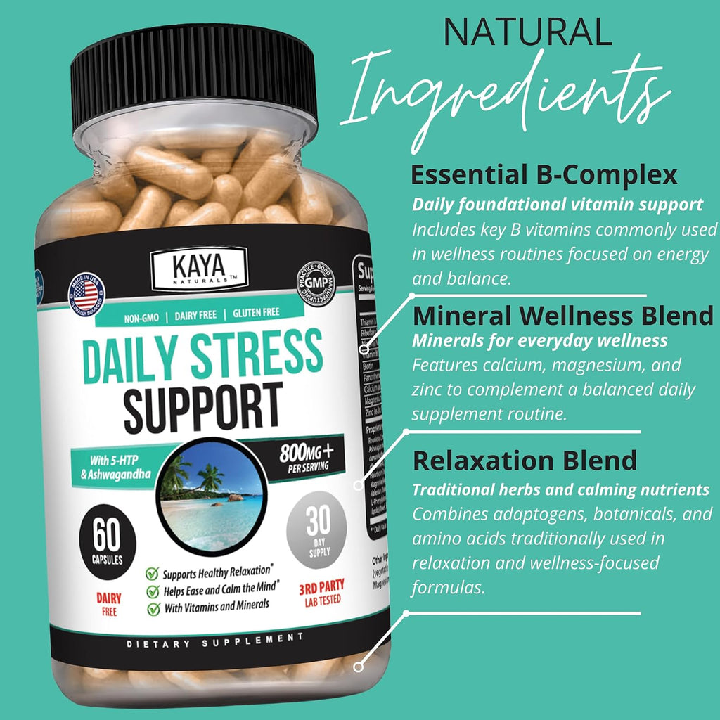 Kaya Naturals Daily Stress Support – Ashwagandha & GABA, 60 Capsules