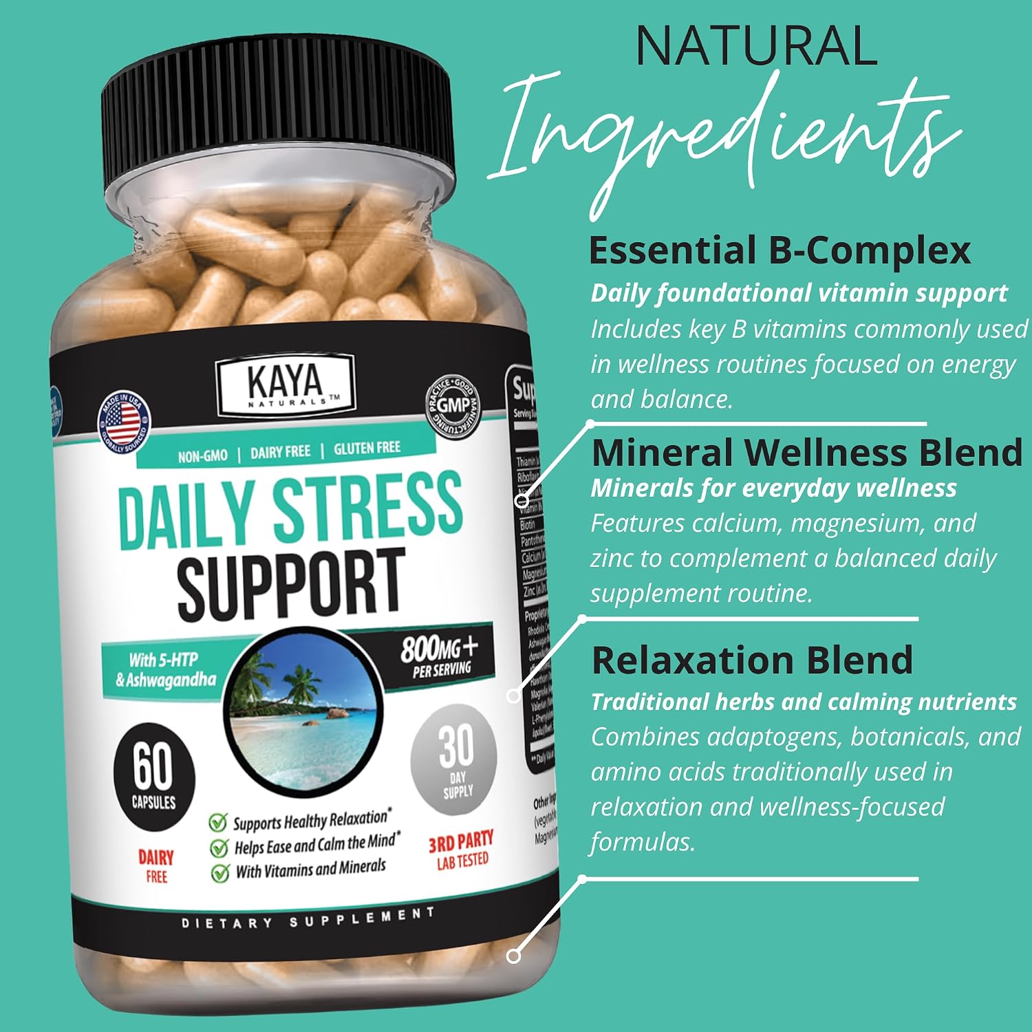Kaya Naturals Daily Stress Support – Ashwagandha & GABA, 60 Capsules