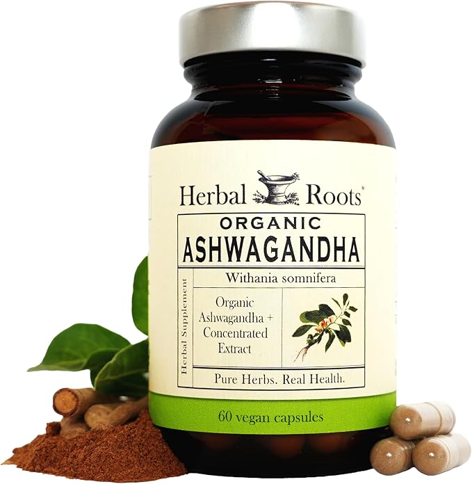 Herbal Roots Organic Ashwagandha Capsules – Extra Strength, 60 Vegan Capsules