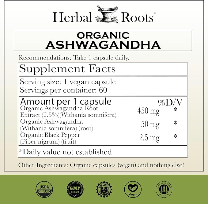 Herbal Roots Organic Ashwagandha Capsules – Extra Strength, 60 Vegan Capsules