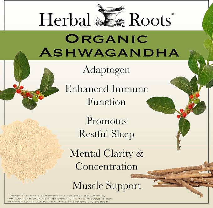Herbal Roots Organic Ashwagandha Capsules – Extra Strength, 60 Vegan Capsules