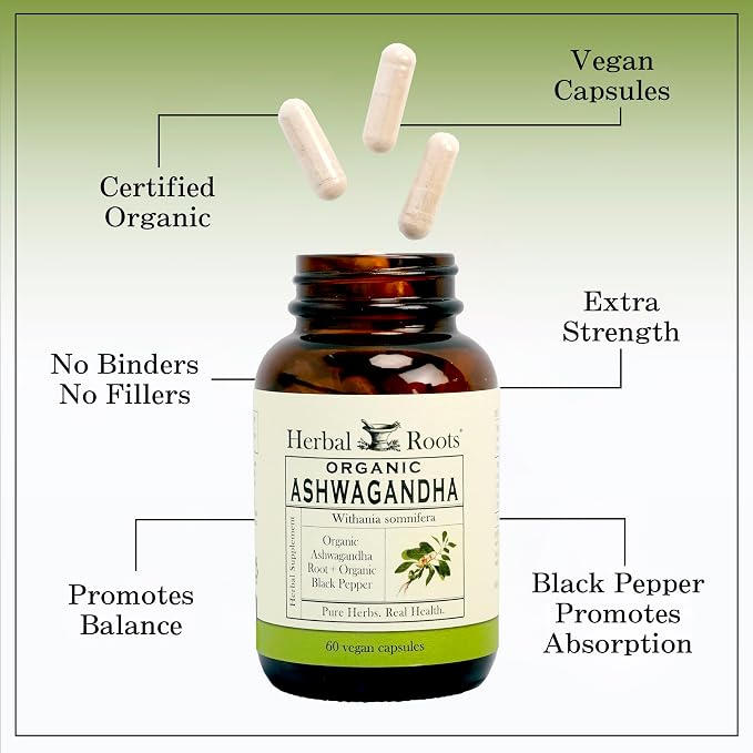 Herbal Roots Organic Ashwagandha Capsules – Extra Strength, 60 Vegan Capsules