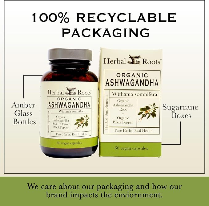 Herbal Roots Organic Ashwagandha Capsules – Extra Strength, 60 Vegan Capsules